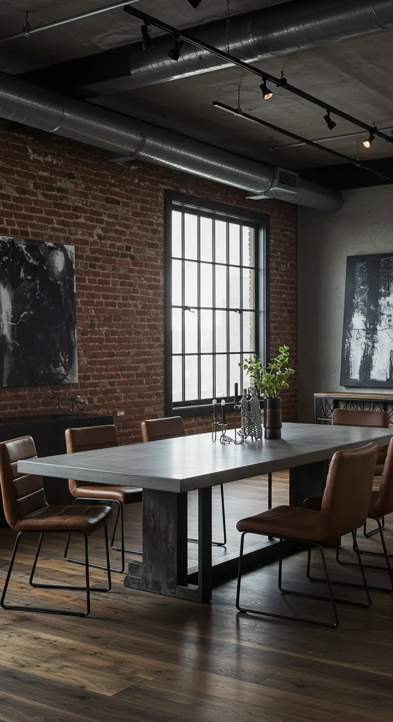 Industriële eetkamer met betonnen tafel, leren stoelen, bakstenen muur en donkere sfeer.
