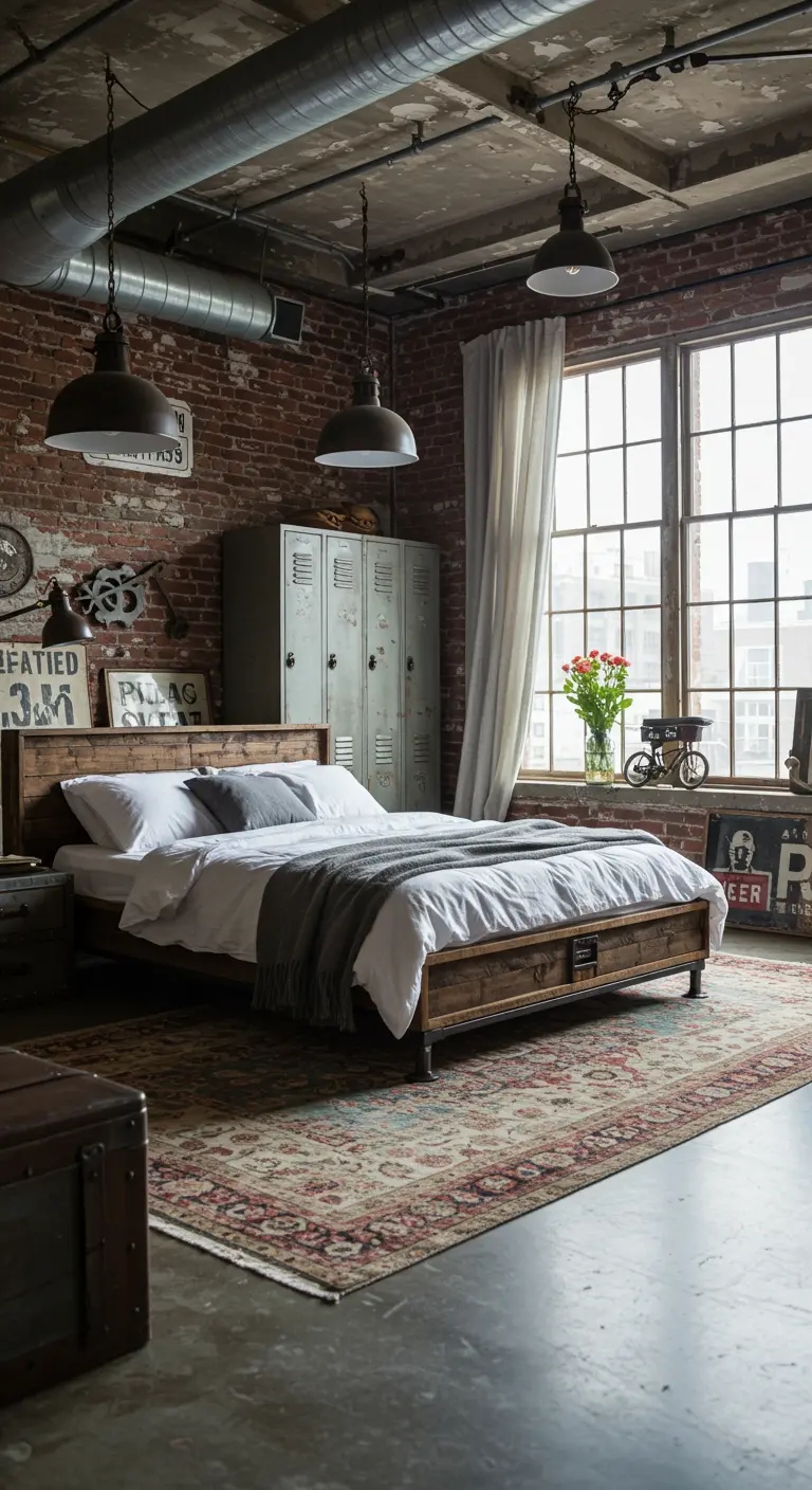 Industriële slaapkamer met bakstenen muur, metalen lockers en vintage bed.