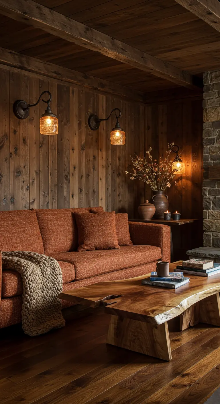 Woonkamer met houten wanden, roestoranje bank, robuuste houten salontafel en antieke lampen.