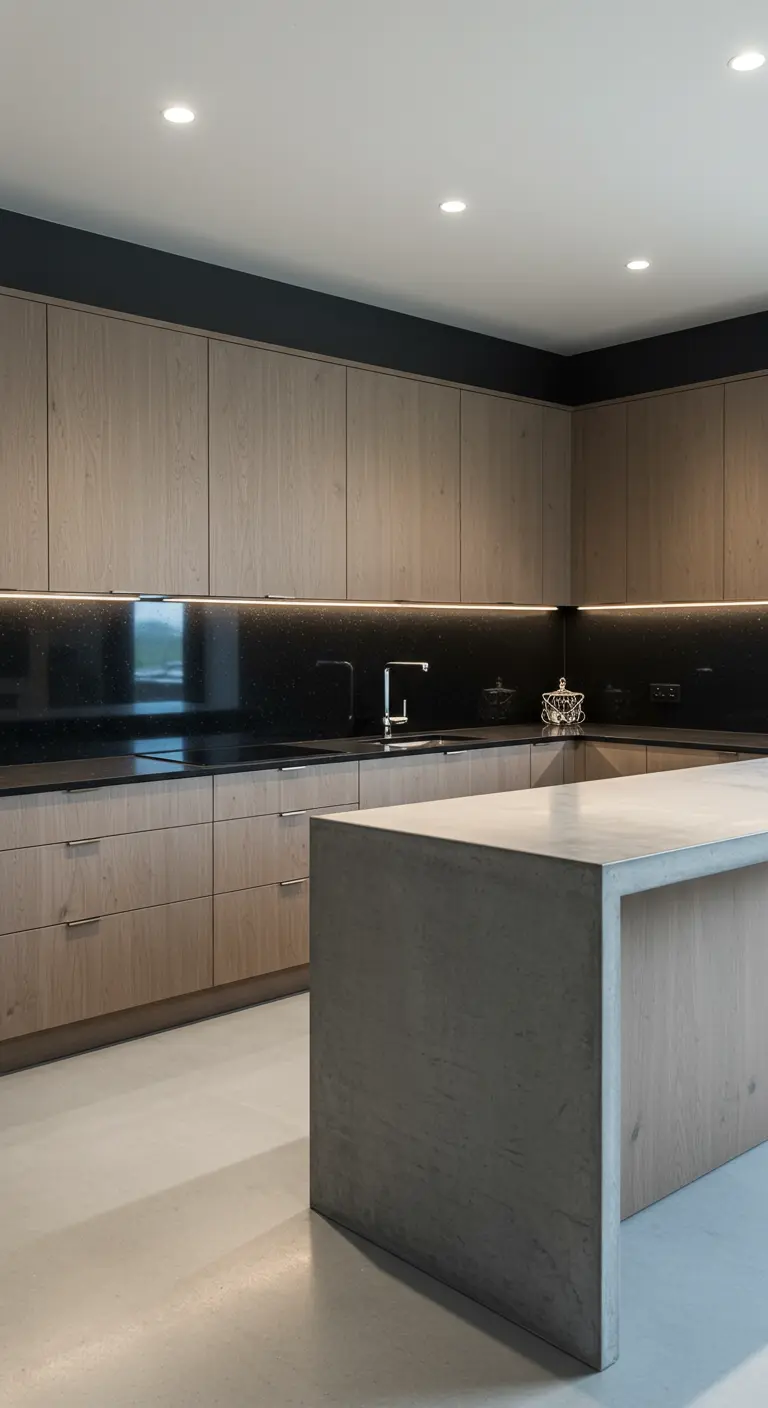 Matte houten kasten met glanzend zwart werkblad/backsplash en betonnen eiland.