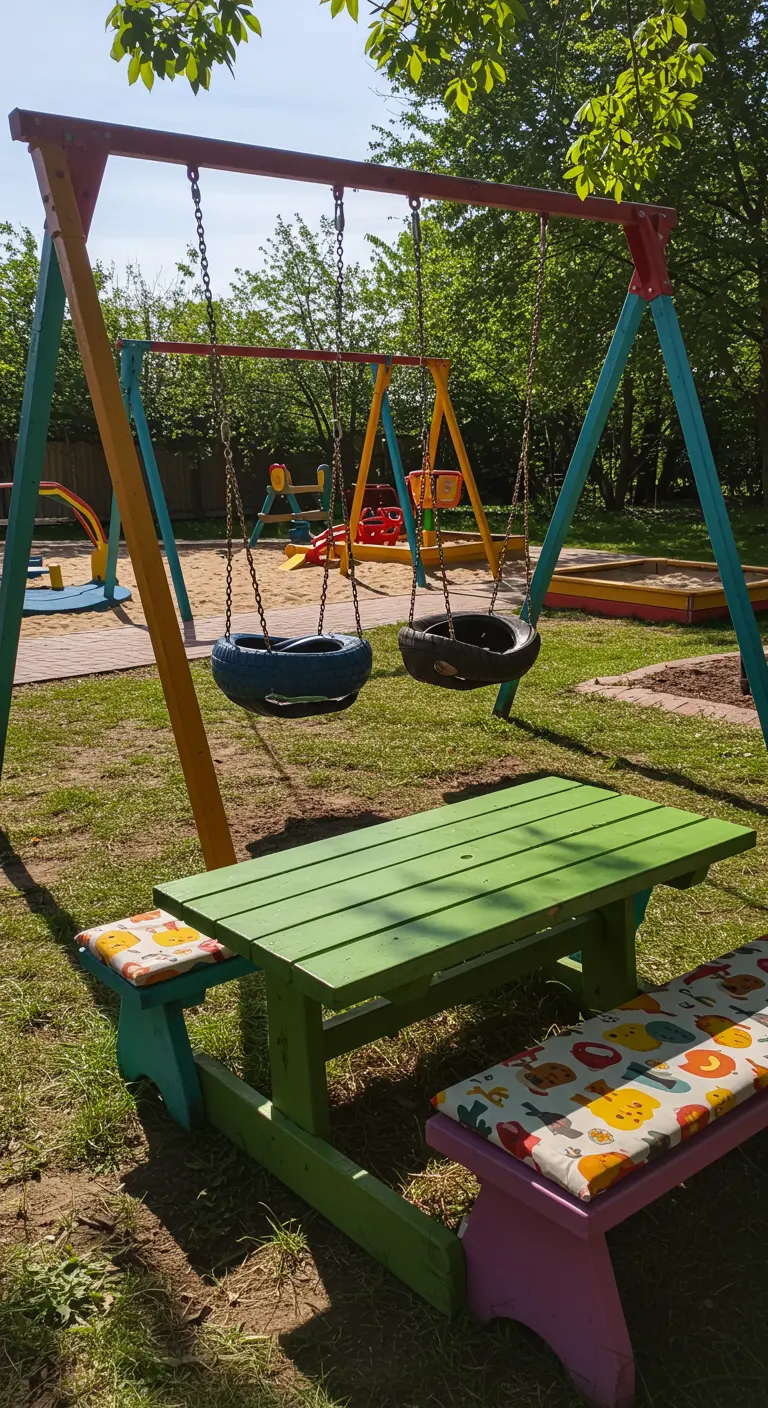 Speeltuin met kleurrijk schommelrek, autoband-schommels en groene picknicktafel.