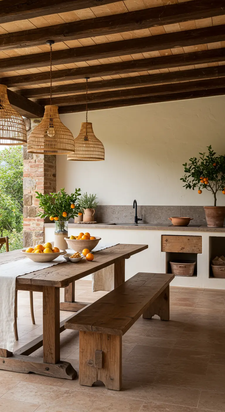 Rustieke buitenkeuken met een houten tafel vol schalen met citrusvruchten.