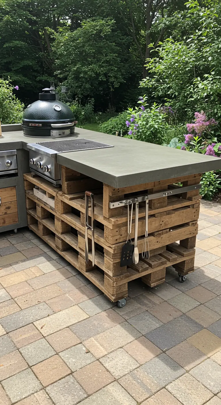Buitenkeuken op wielen gemaakt van pallets met een betonnen werkblad en ingebouwde barbecue.