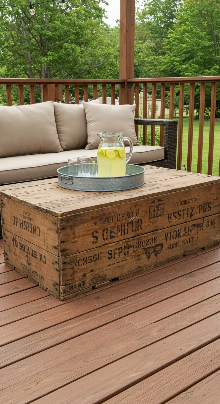 Grote oude houten transportkist als salontafel op een veranda.