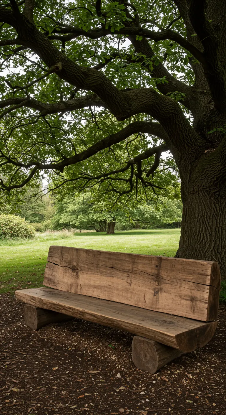 Massieve houten bank, gemaakt van een dikke plank op twee boomstammen.