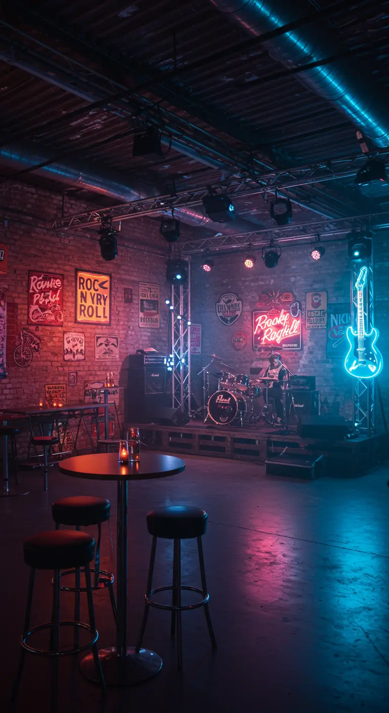 Donkere bar met bakstenen muur, neonreclames en een klein podium.