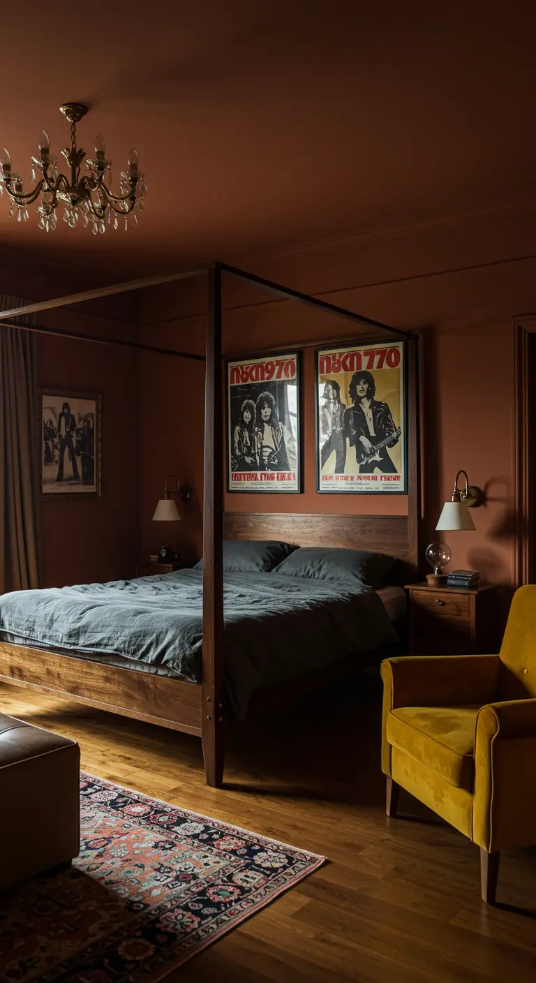 Donkere terracotta slaapkamer met een hemelbed, rockposters en een gele stoel.