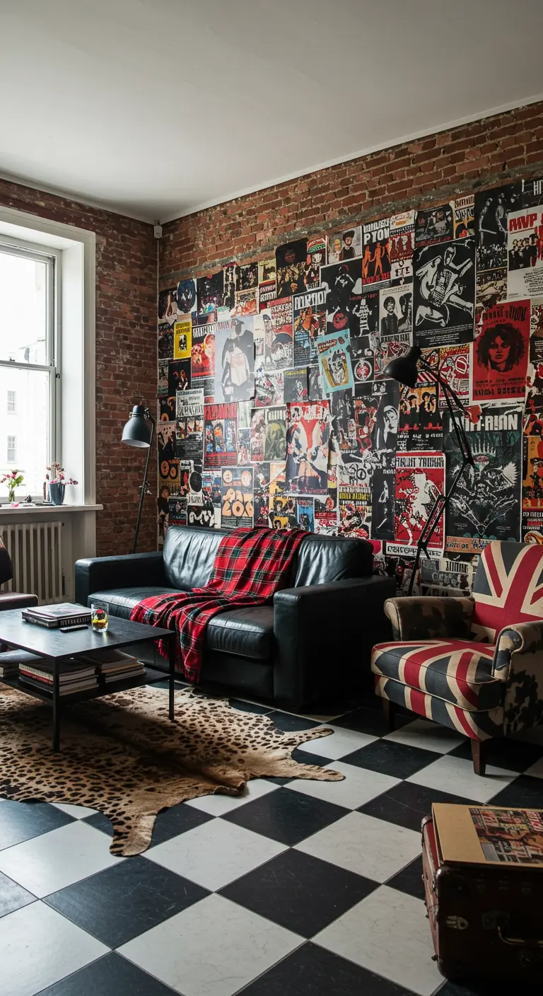 Woonkamer in rockstijl met een Union Jack-stoel, posterwand en dambordvloer.