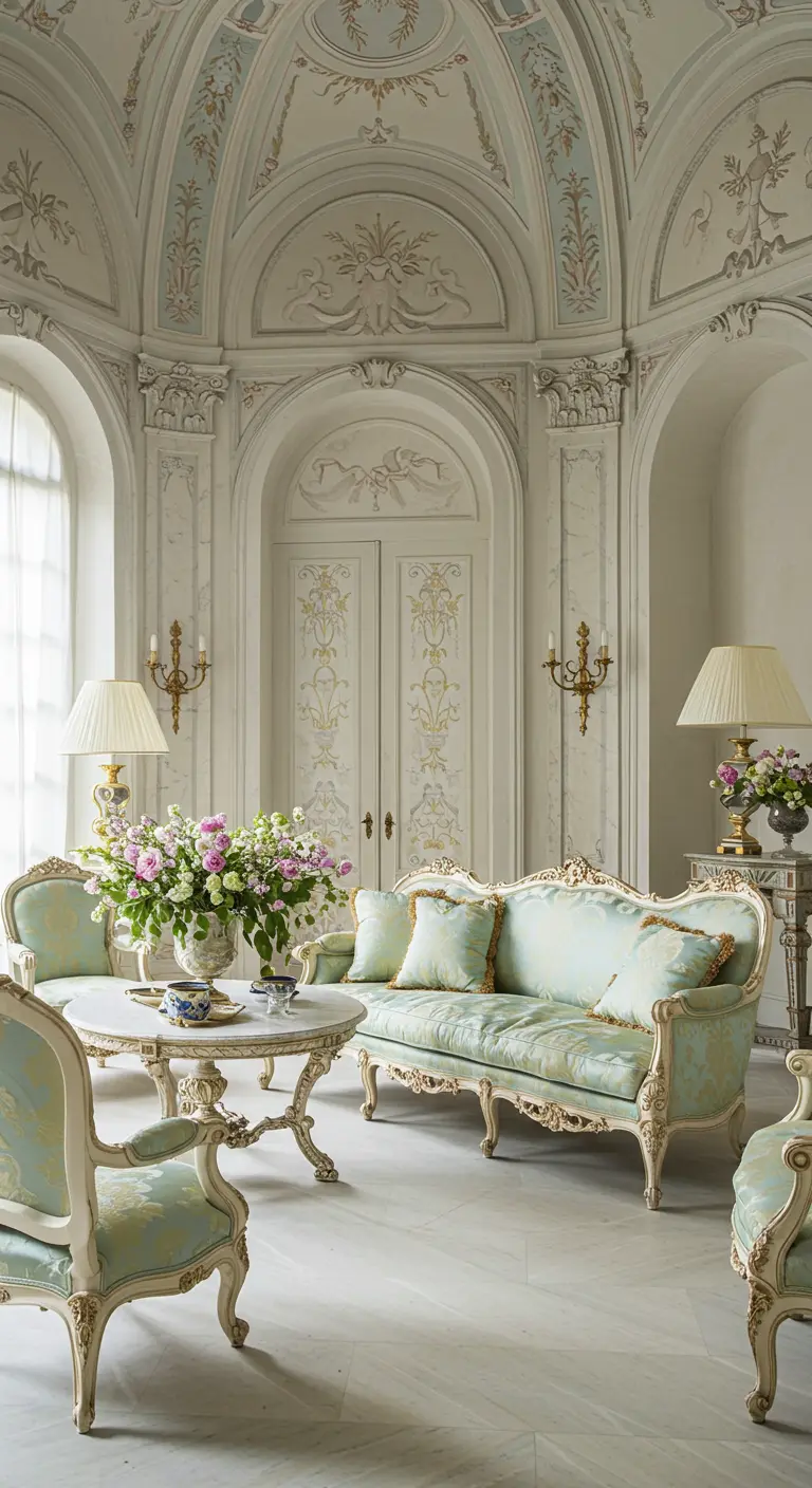 Rococo-geïnspireerde woonkamer in pastelgroen en goud met sierlijke meubels en bloemen