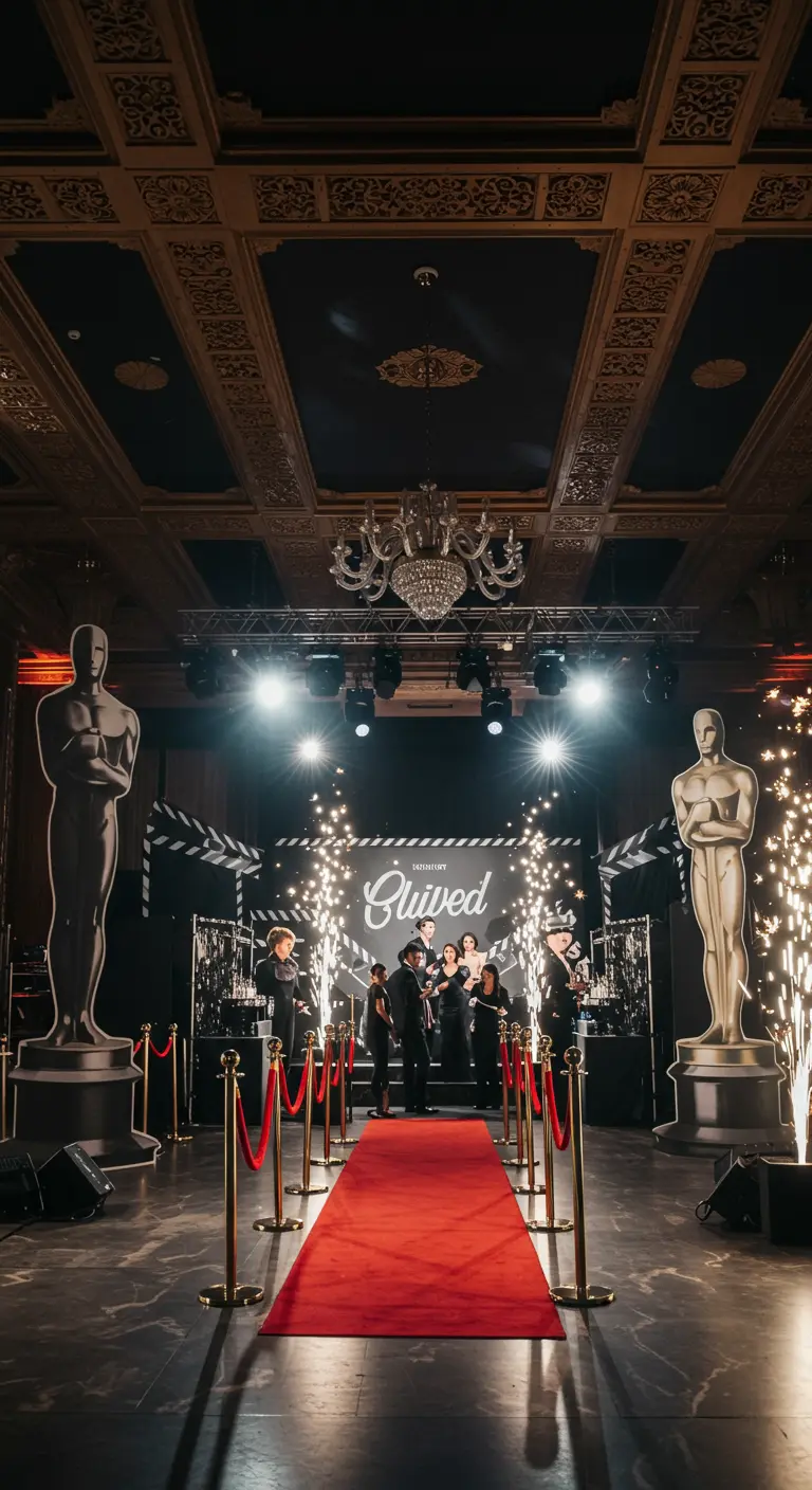 Rode loper met gouden Oscar-achtige beelden en fonteinen van vonken aan weerszijden op een evenement.