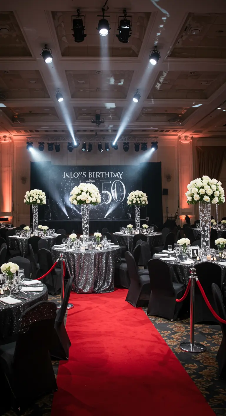Glamourfeest met rode loper, zwarte pailletten tafels, witte bloemen en een podium met '50' thema.