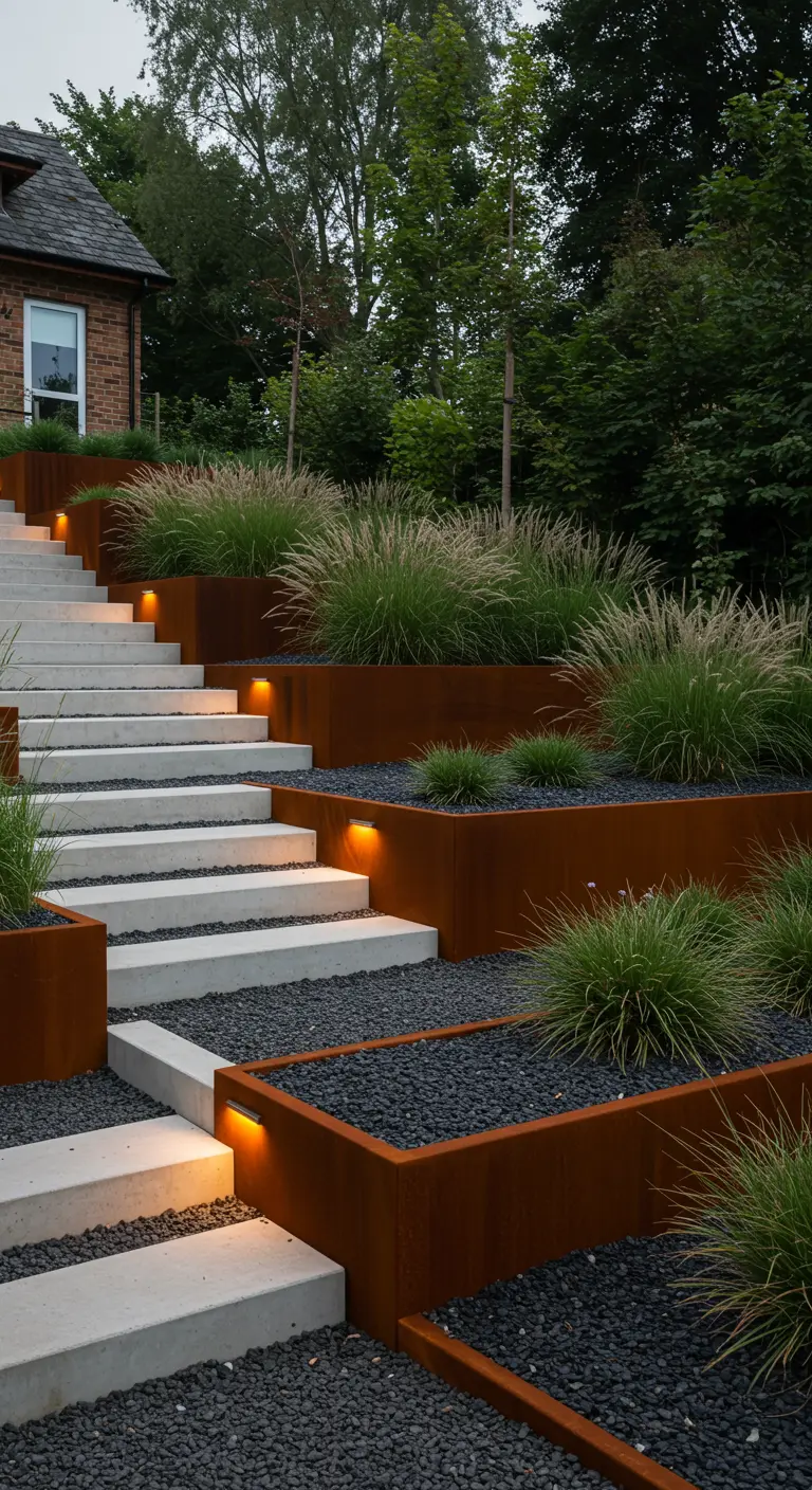 Tuin met betonnen trap en cortenstalen plantenbakken met siergrassen en grind.