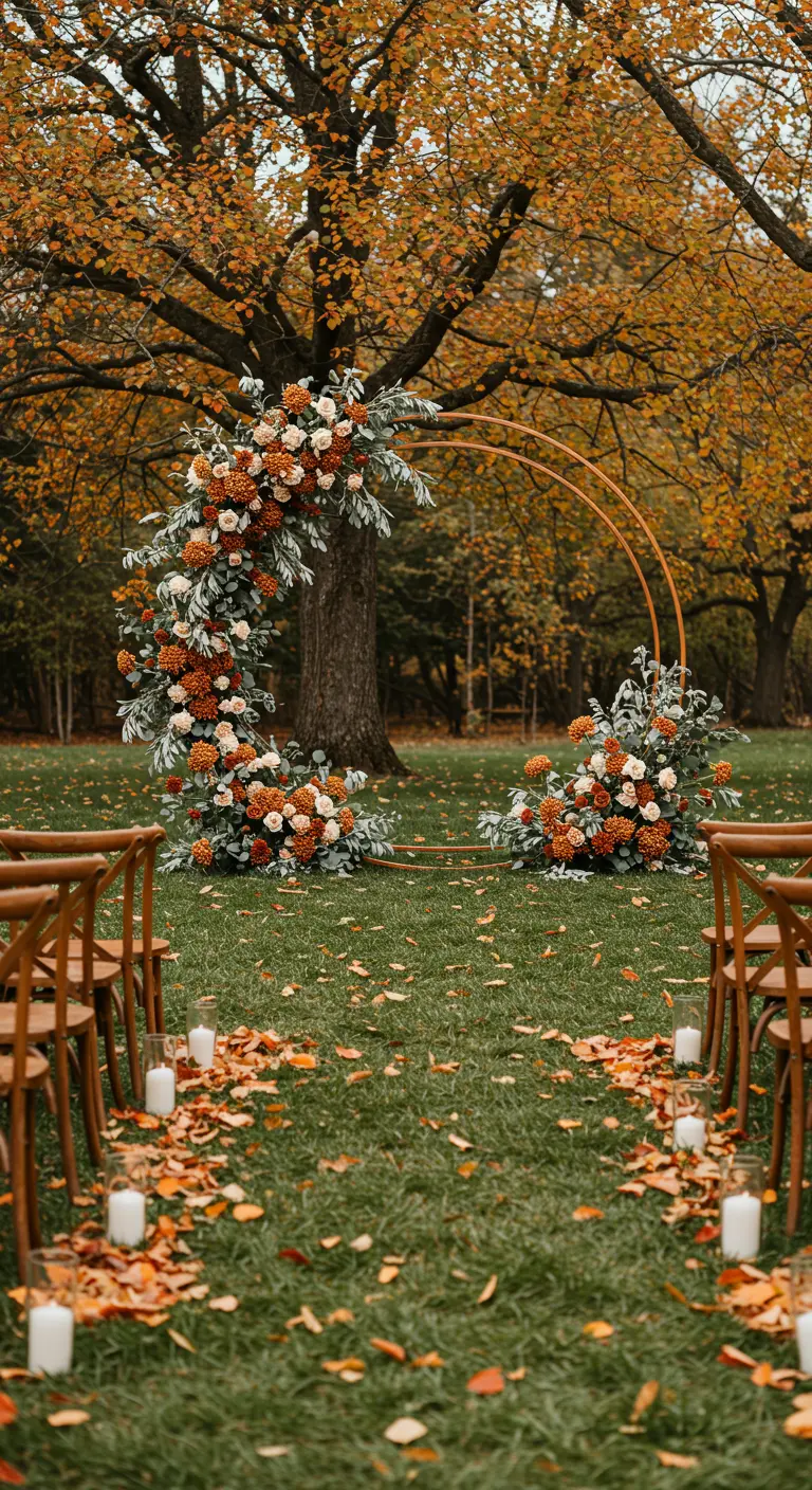 Ronde, koperkleurige trouwboog versierd met roest- en crèmekleurige bloemen in een herfstachtig park.