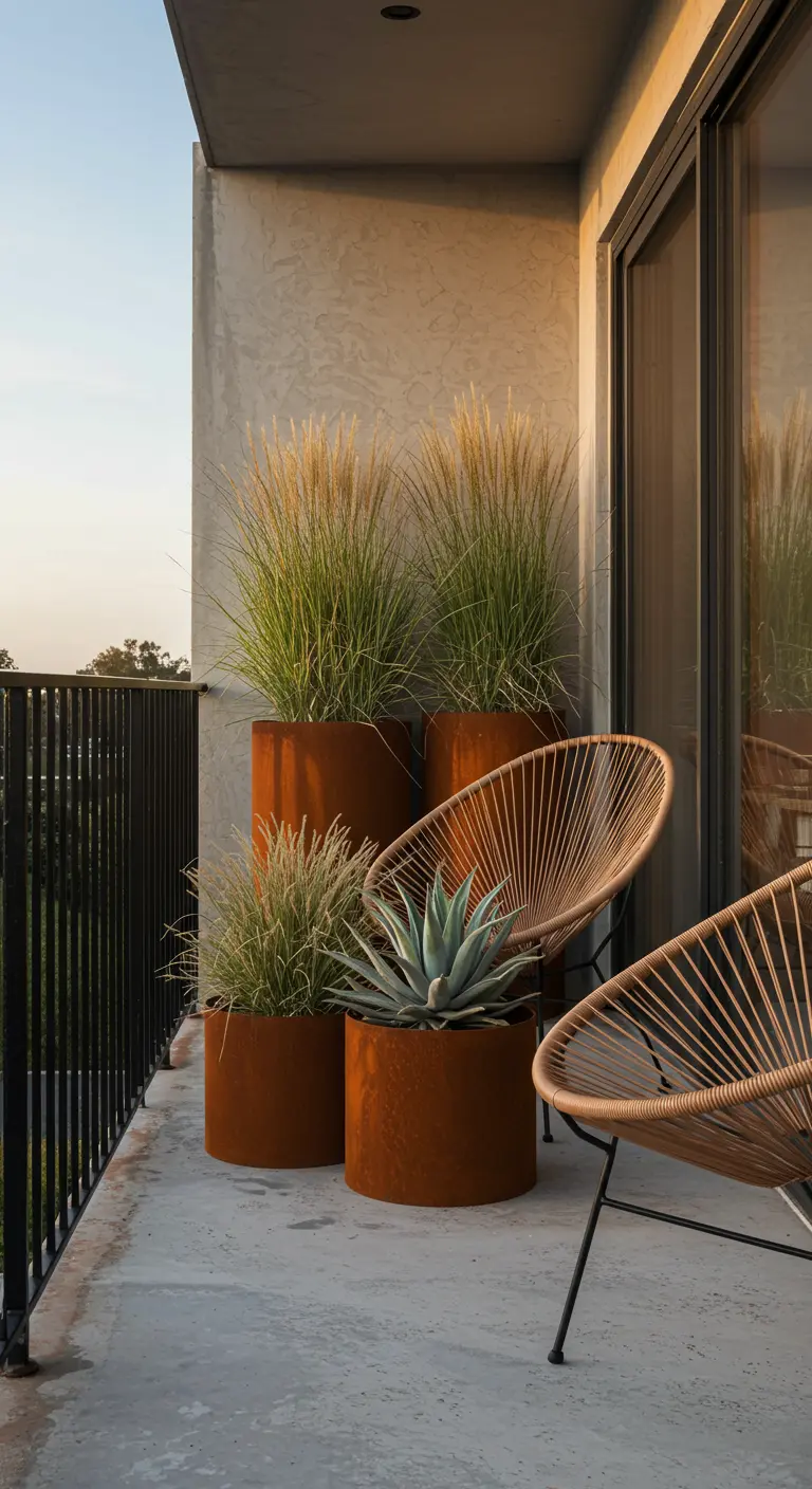 Balkon met cortenstaal plantenbakken en rotan Acapulco stoelen in de zon.