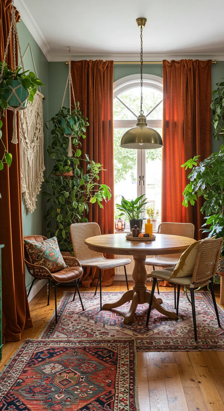 Bohemian eethoek met saliegroene muren, roestbruine fluwelen gordijnen en veel hangplanten.