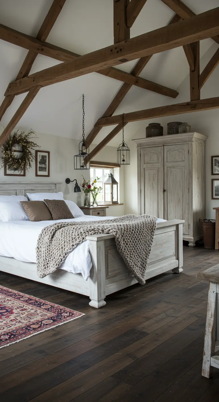Ruime slaapkamer met houten balken, wit verweerd houten bed en landelijke kast.