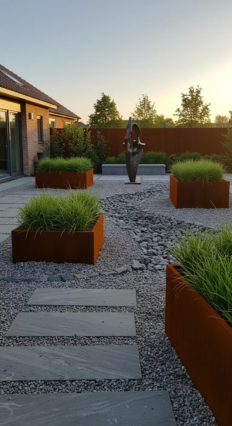 Grindtuin met cortenstaal plantenbakken, stapstenen, droge stroom en sculptuur bij zonsondergang.