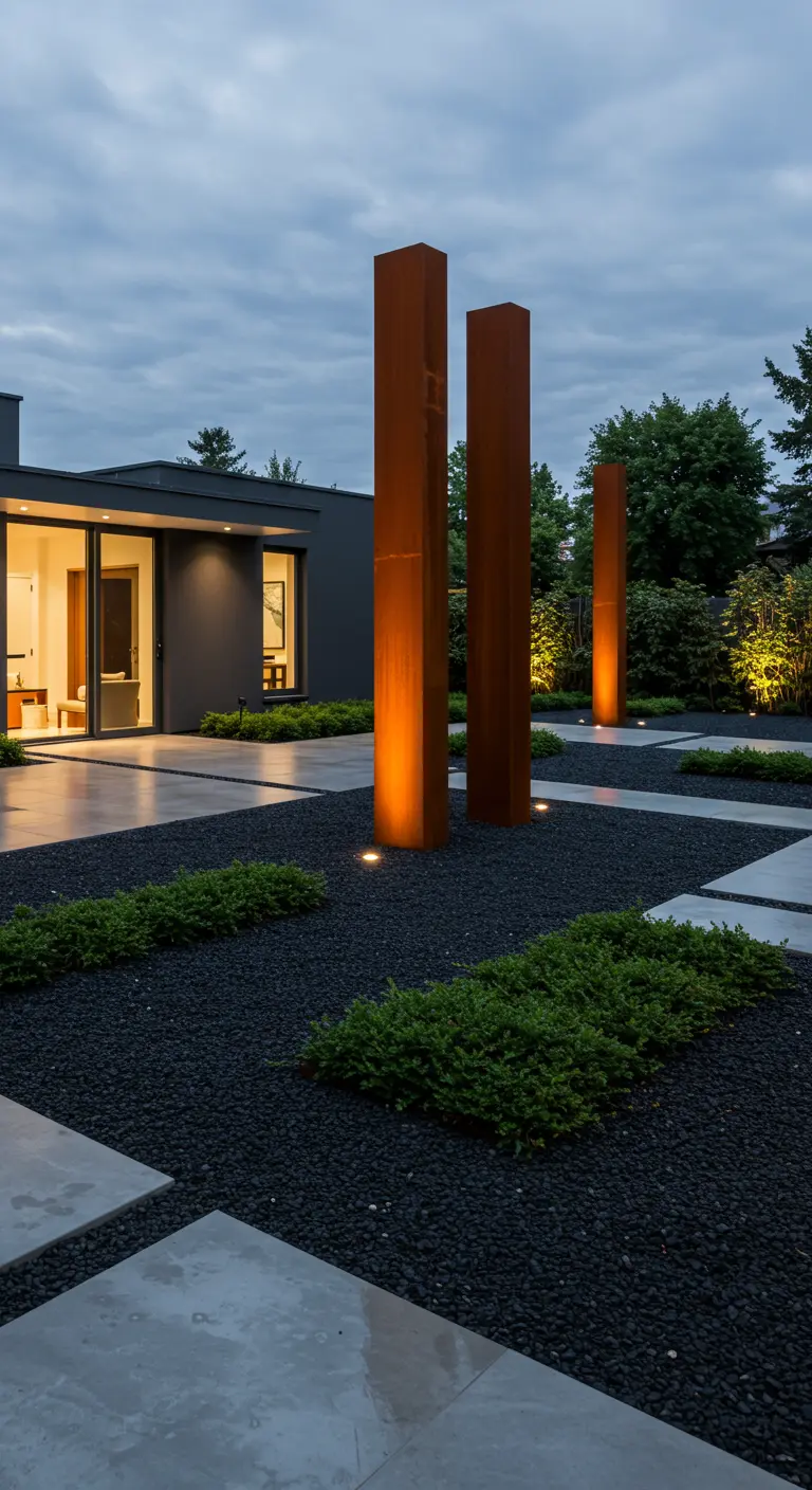 Moderne tuin met zwarte grind, grijze tegels, groene beplanting en verlichte roestpilaren.