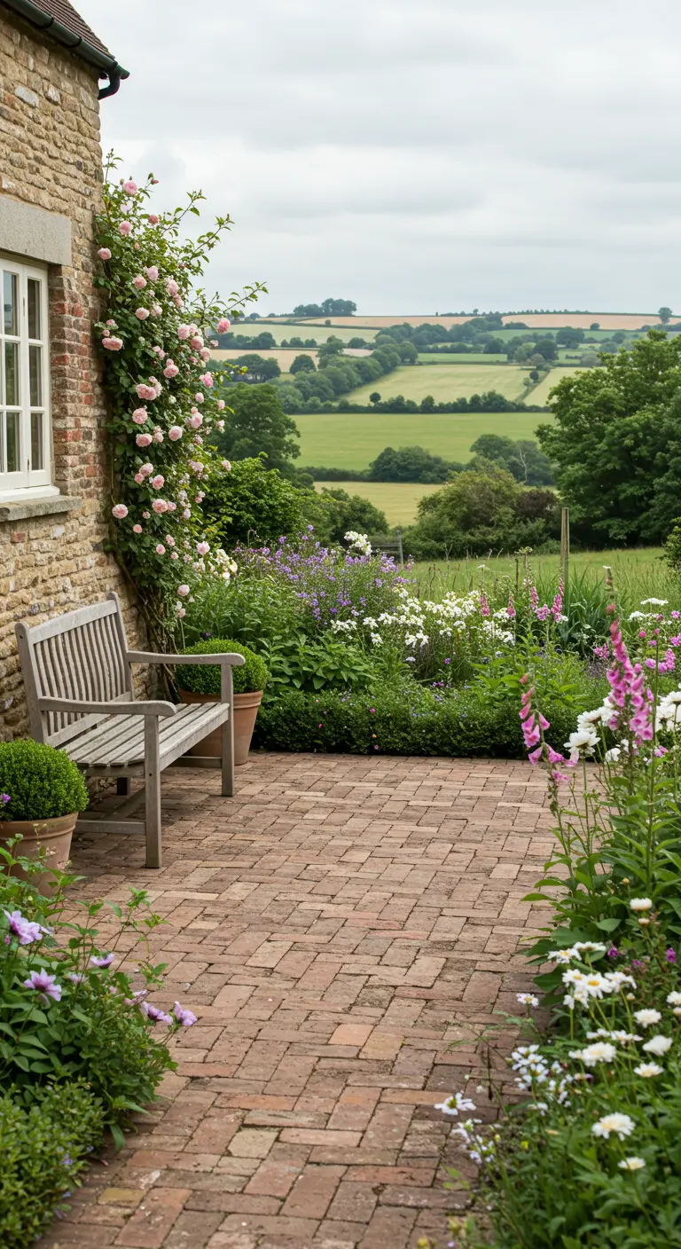 Terras van een cottage met een houten bank, klimrozen en een bloemenborder.