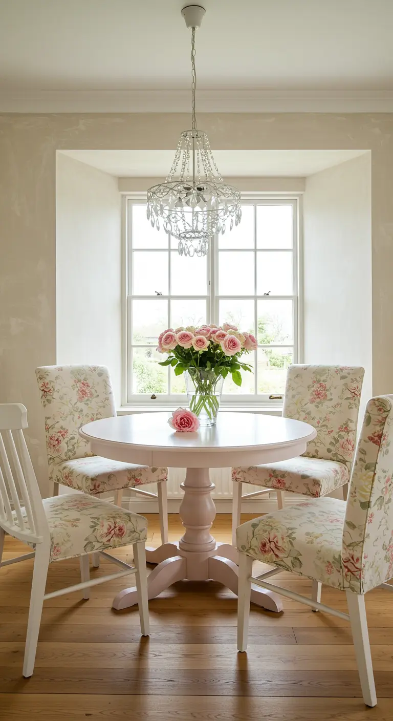 Romantische eethoek met ronde witte tafel, bloemstoelen en kristallen kroonluchter bij een groot raam.