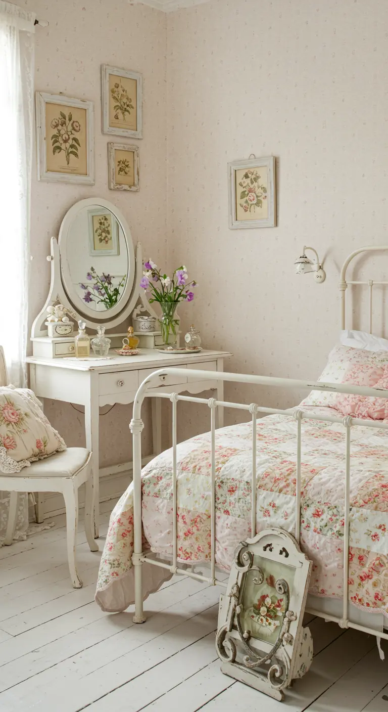 Romantische slaapkamer met bloemenbehang, wit ijzeren bed, en vintage kaptafel.