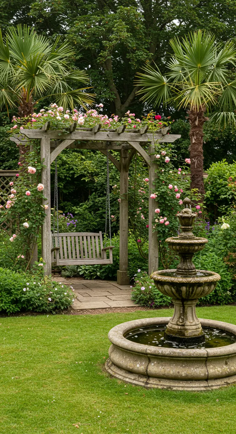 Houten schommelbank onder een met rozen begroeide pergola naast een stenen fontein in een tuin.