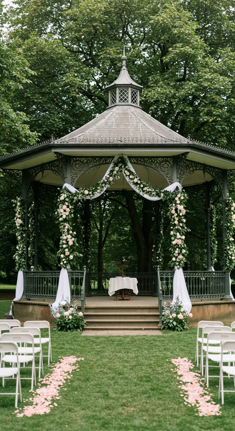 Klassieke muziekkiosk in een park, versierd met bloemenslingers voor een trouwceremonie.