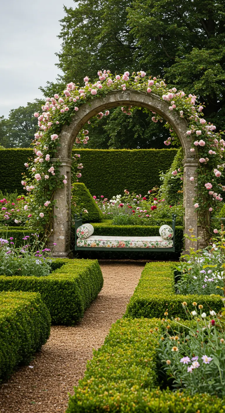 Klassiek daybed hangend in een stenen rozenboog in een formele, Engelse tuin.
