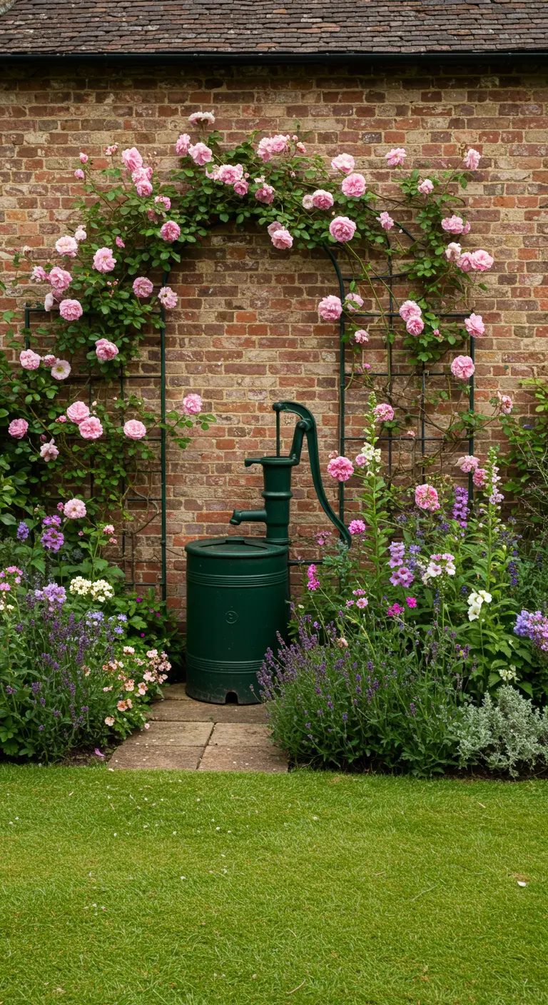 Donkergroene vintage waterpomp omringd door een boog van roze rozen en bloemen.