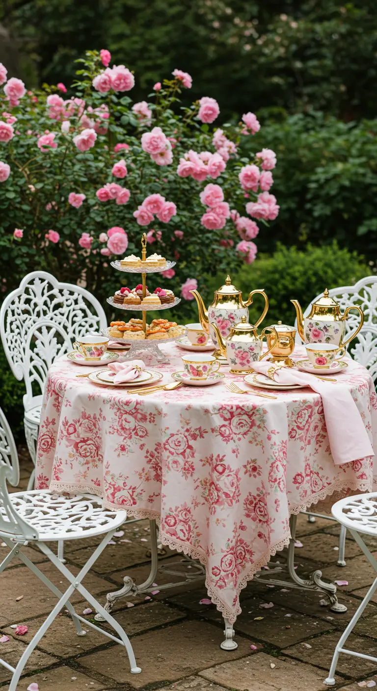 Theetafel in een rozentuin met servies en tafelkleed met rozenprint.