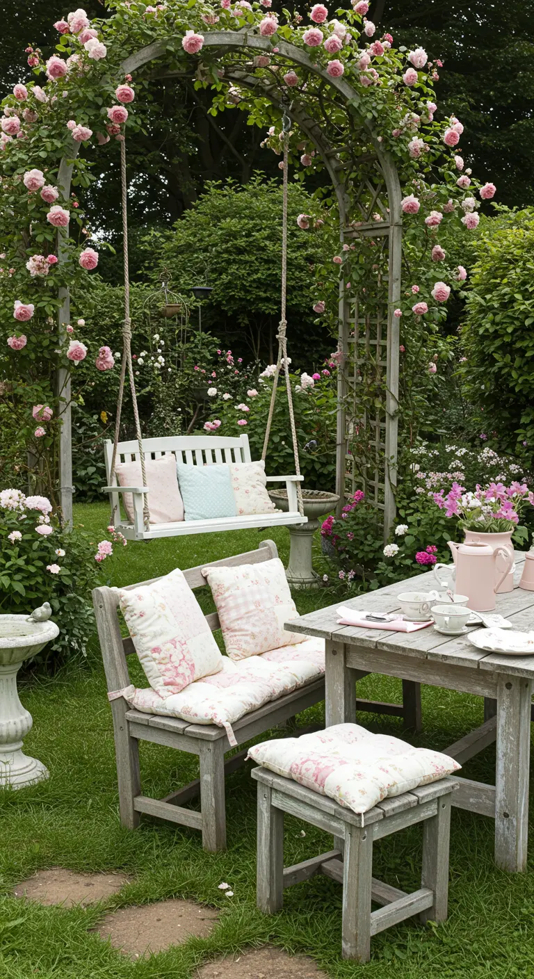 Cottage tuin met rozenboog, witte schommelbank, houten tafel en bloemige kussens.