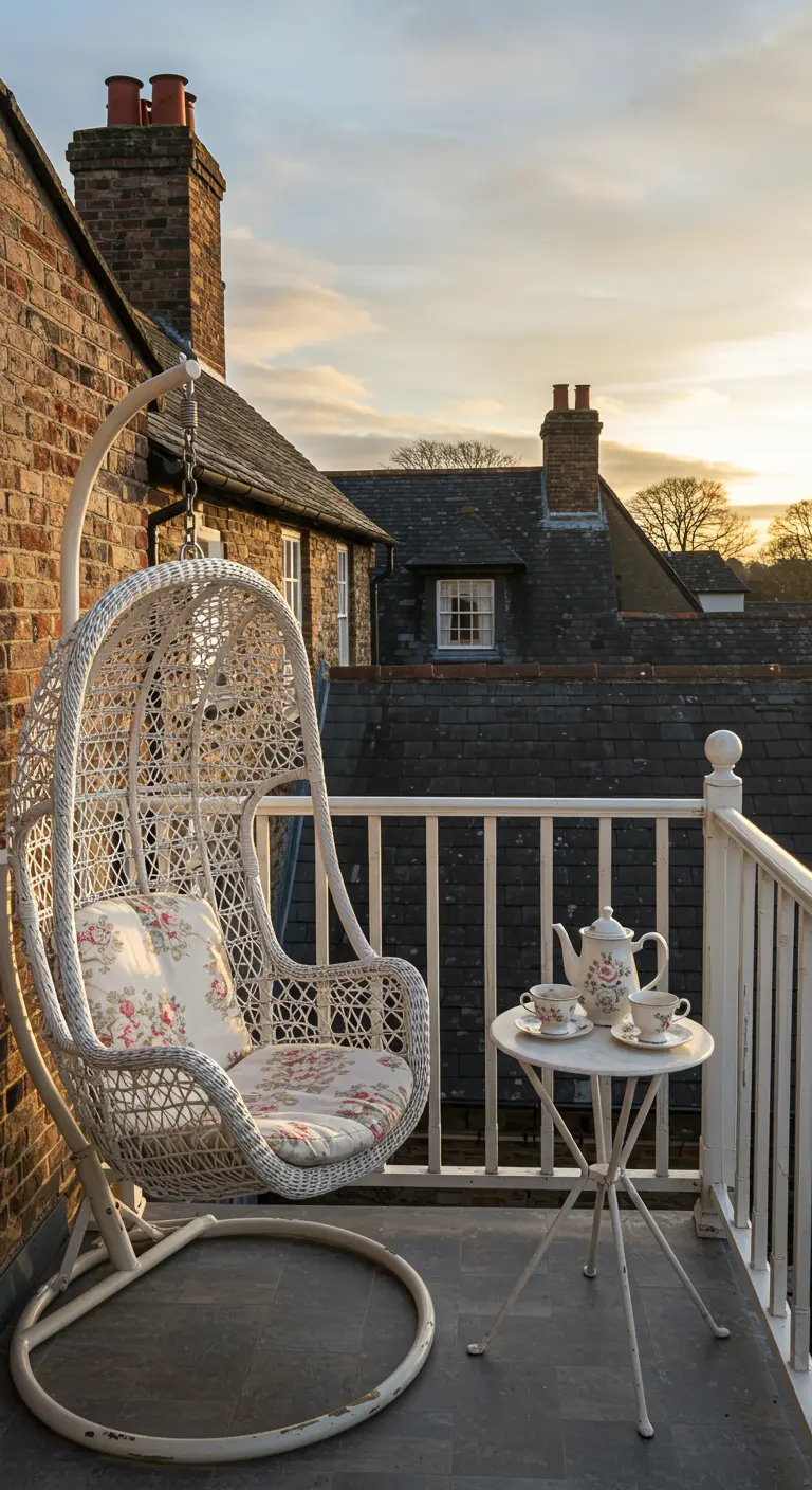 Witte rieten hangstoel met bloemenkussens op een balkon in Engelse cottage-stijl.