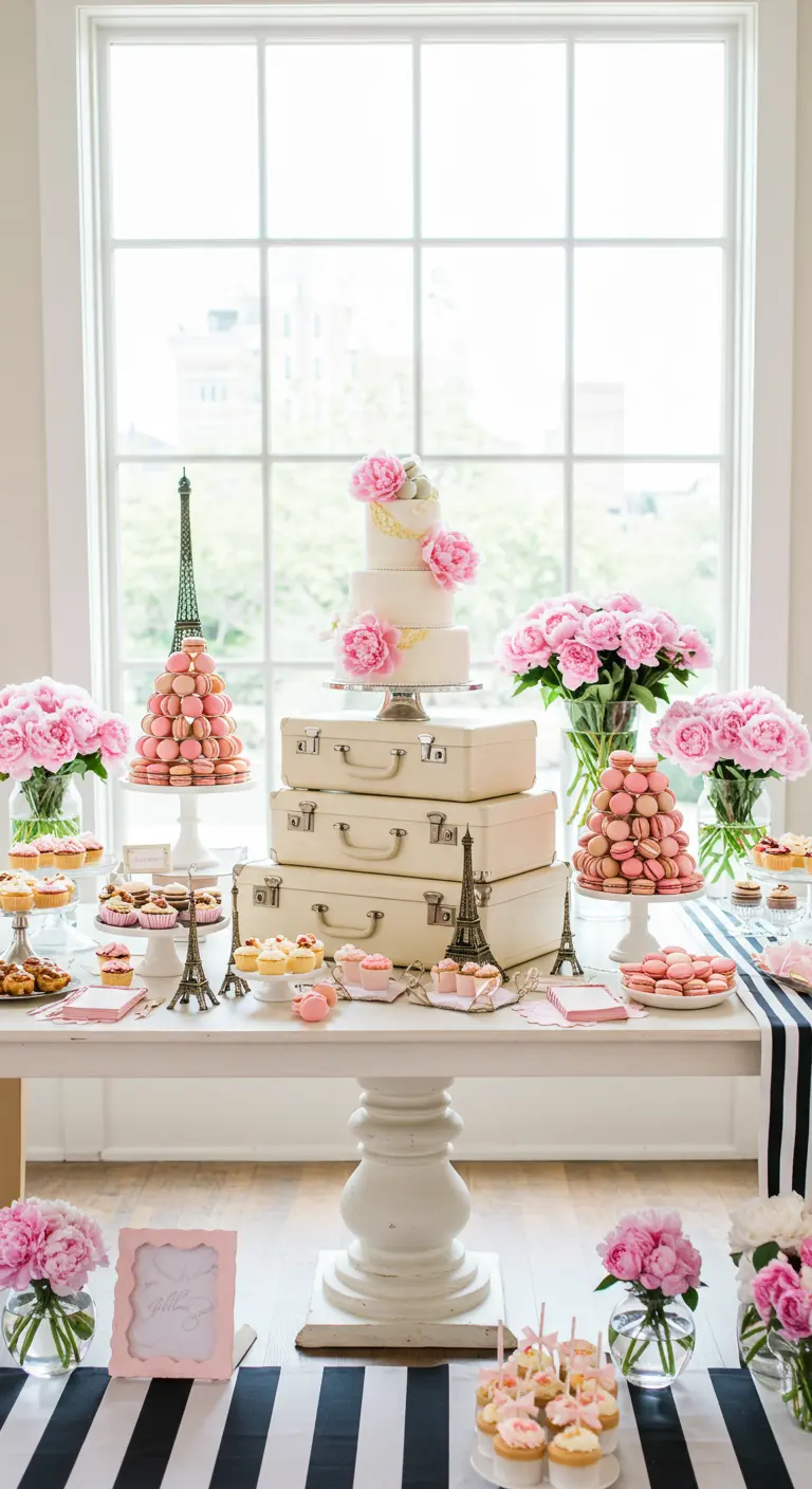 Parijs-thema desserttafel met roze pioenrozen en witte koffers.