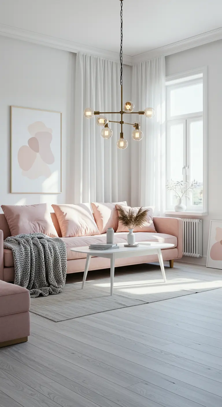 Lichte woonkamer met roze bank, grijs plaid, moderne gouden hanglamp en kunst.