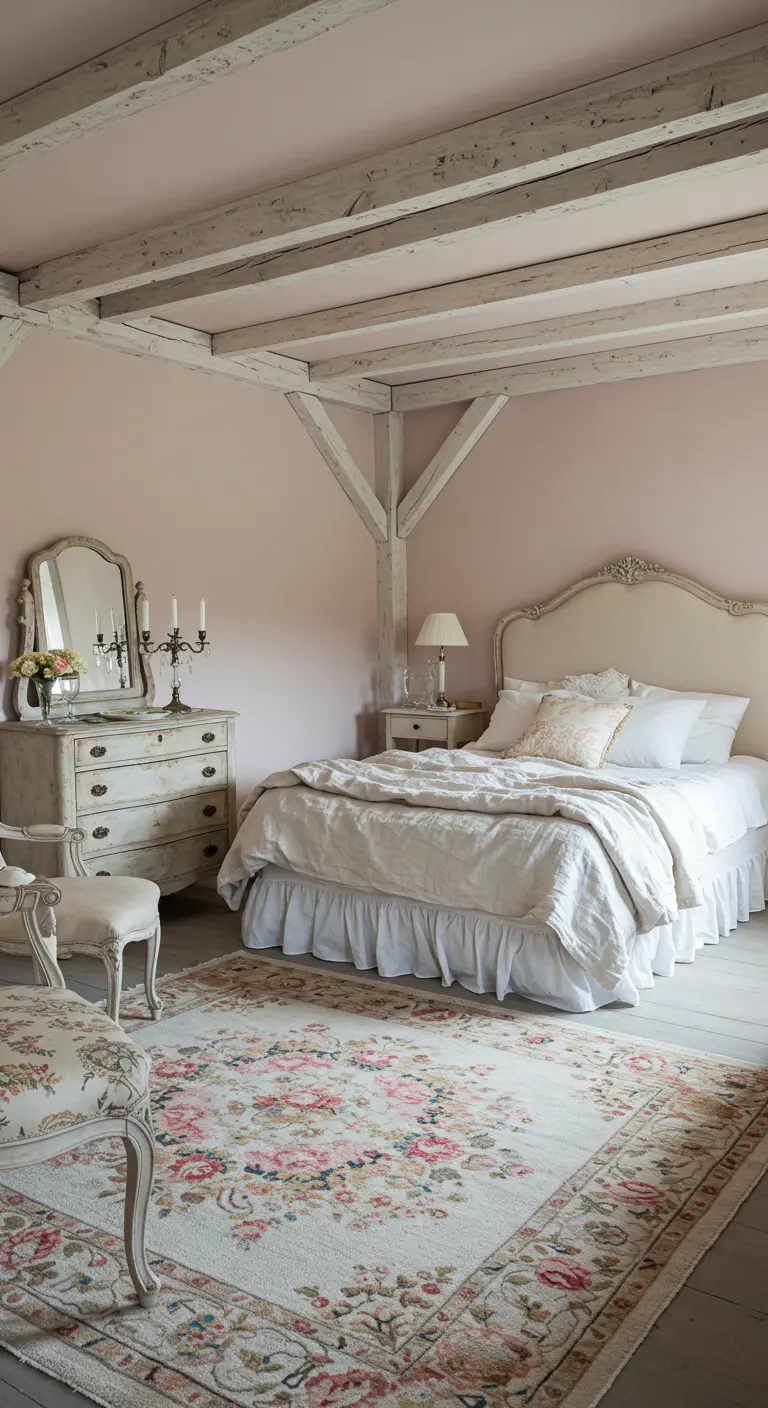 Romantische slaapkamer met roze muren, witgekalkte balken, een brocante commode en een bloementapijt.