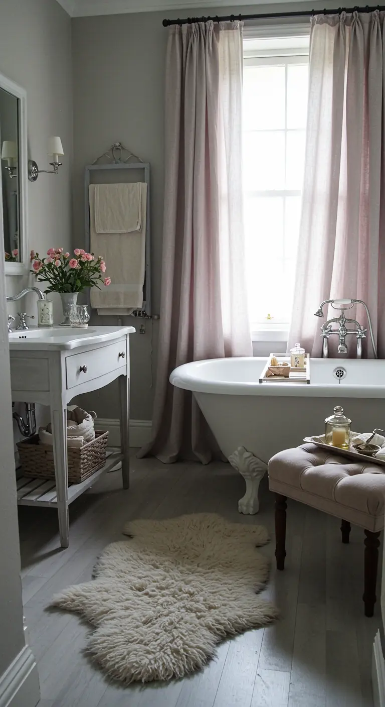 Romantische badkamer met lichtroze gordijnen, een bad op pootjes en een wit schapenvachtkleed.