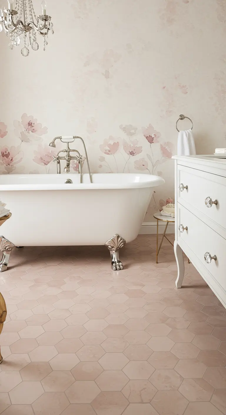 Romantische badkamer met poederroze hexagon vloertegels, bloemenbehang en een wit bad op pootjes.