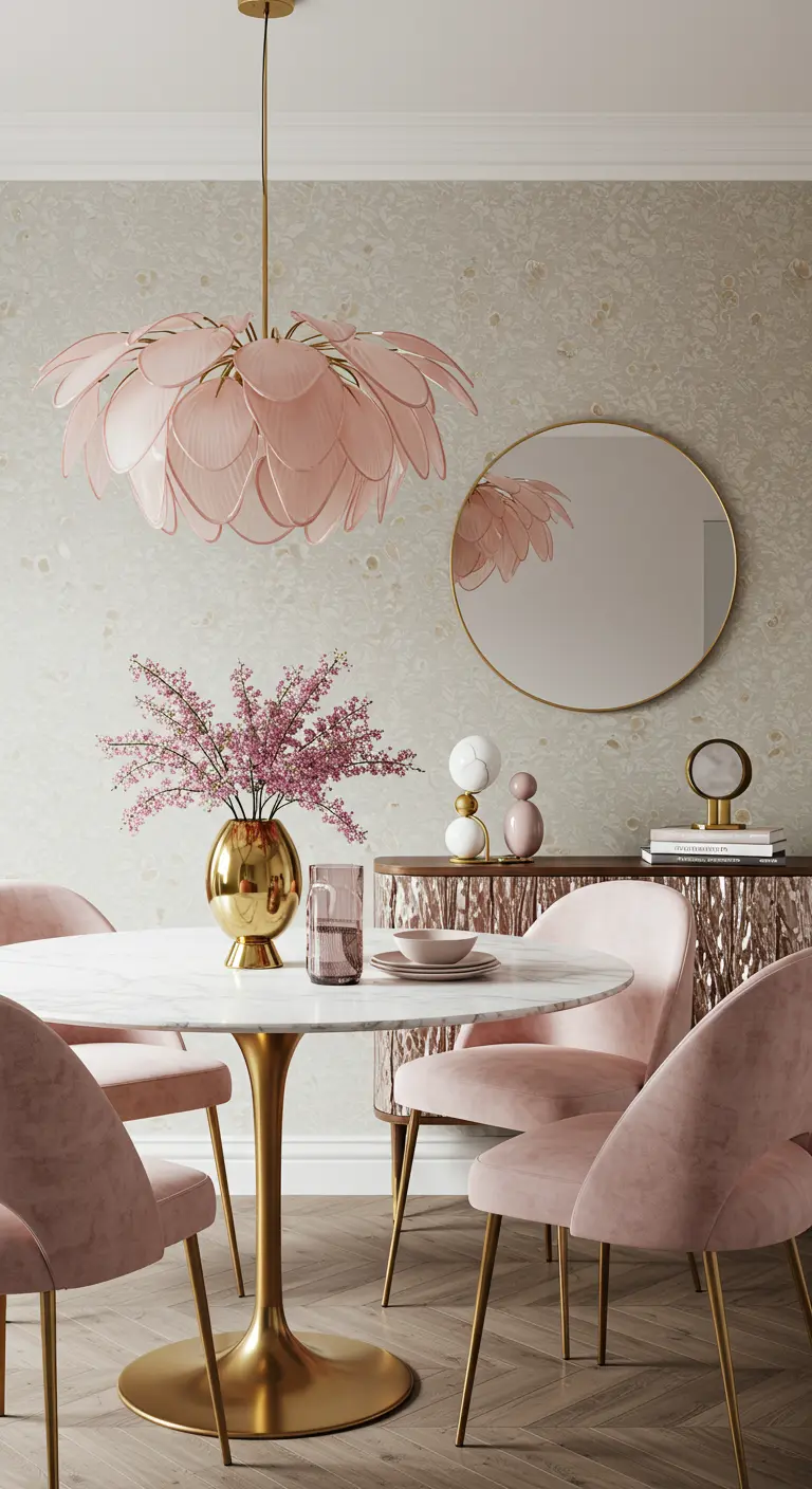 Romantische eethoek met roze fluwelen stoelen, een roze bloemenlamp en een gouden tulpentafel.