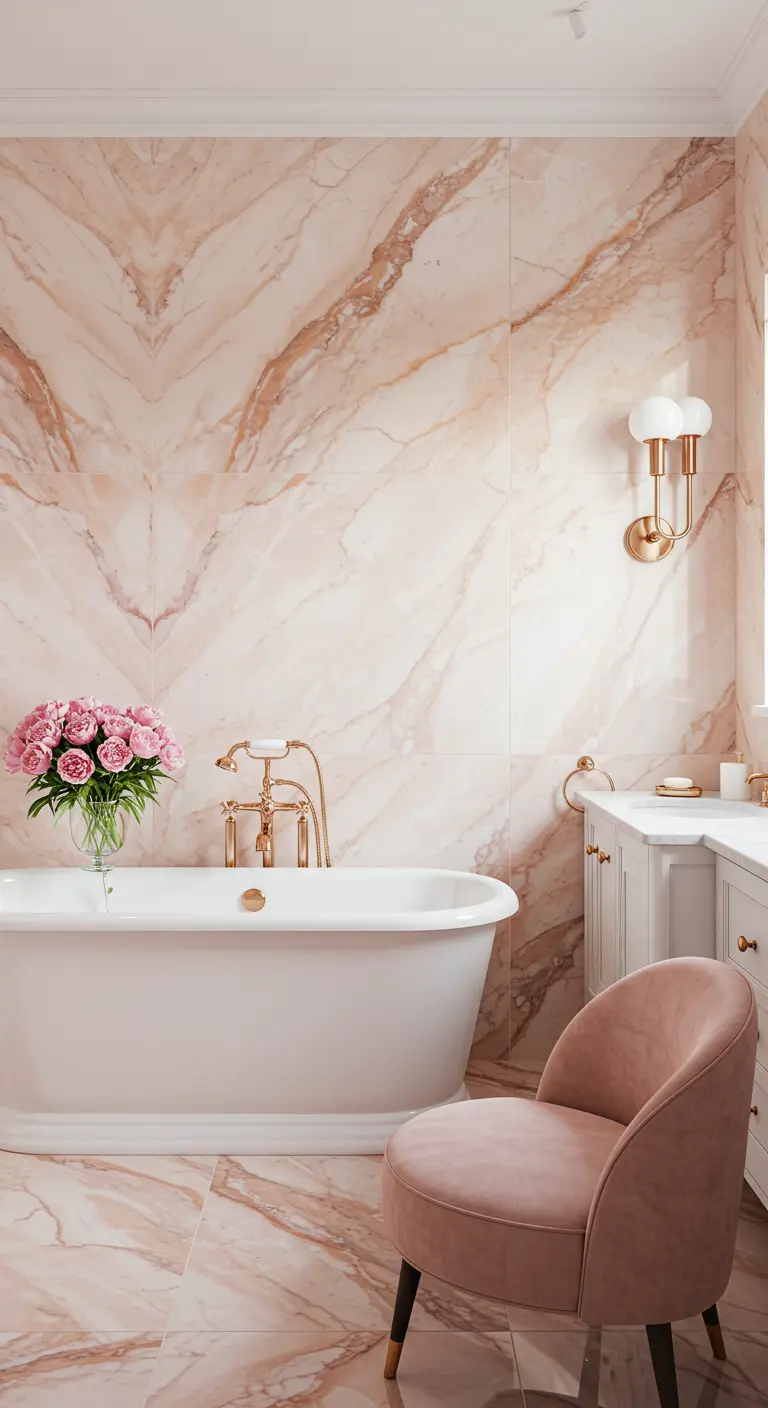 Romantische badkamer met roze marmer, gouden kranen en een roze fluwelen stoel.