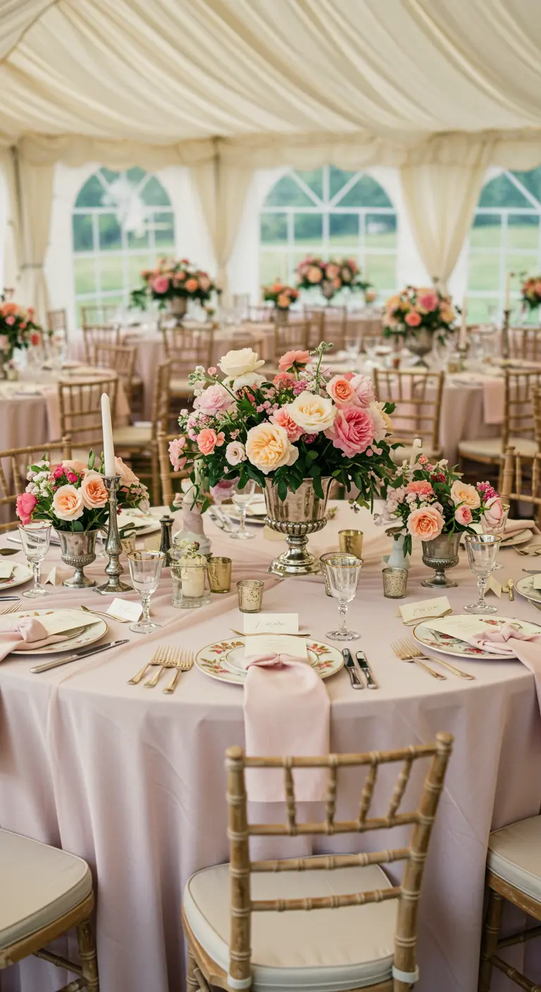 Ronde tafel met oudroze linnen en een groot boeket met roze en perzikkleurige rozen.