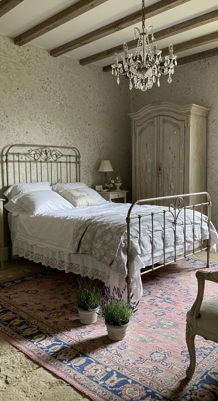 Franse rustieke slaapkamer met een antiek metalen bed, verweerde houten kast, en een oosters vloerkleed in roze en blauw.