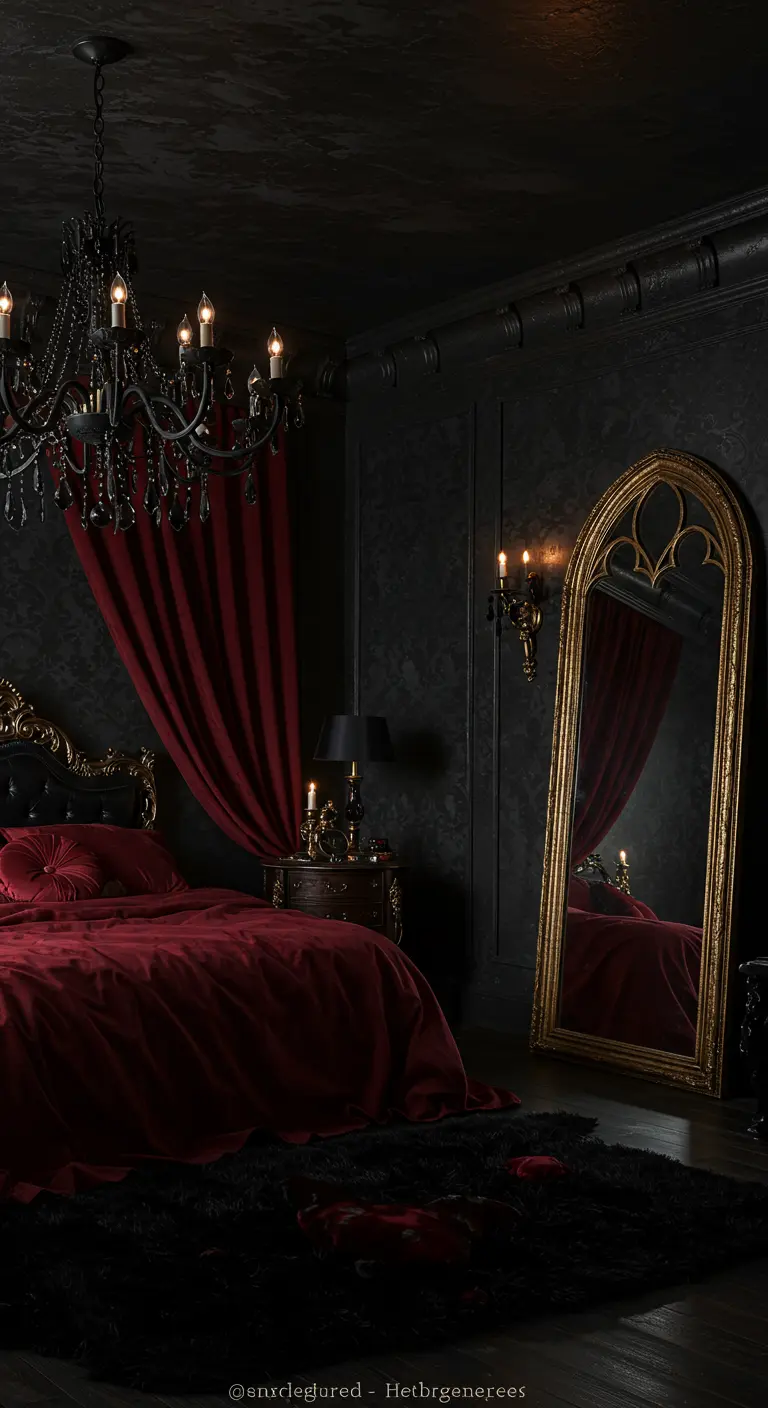 Gotische, donkere slaapkamer met rode fluwelen gordijnen en een grote gouden spiegel.