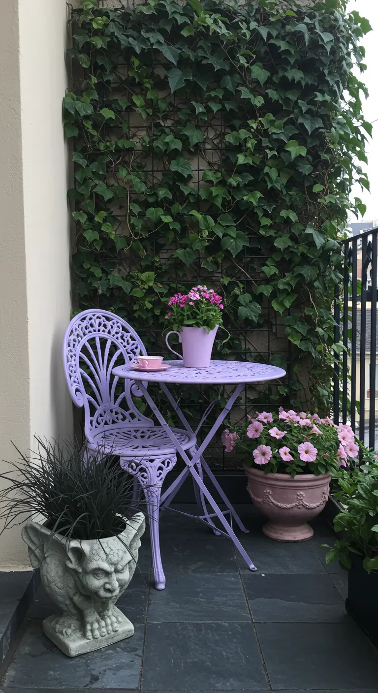 Balkon met een paarsgeverfd bistrotsetje, een klimopwand en een grijze plantenbak in gargoyle-stijl.
