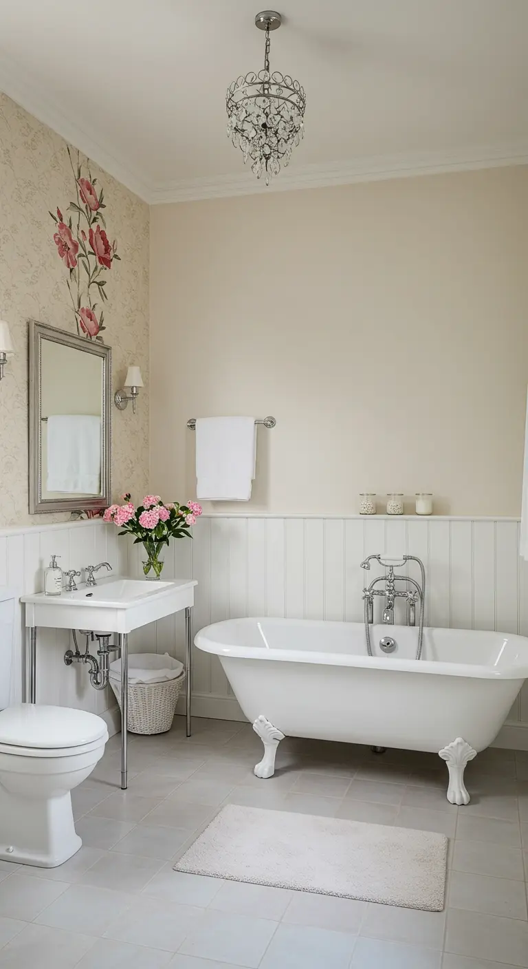 Romantische badkamer met bloemenbehang, witte lambrisering en een bad op pootjes.