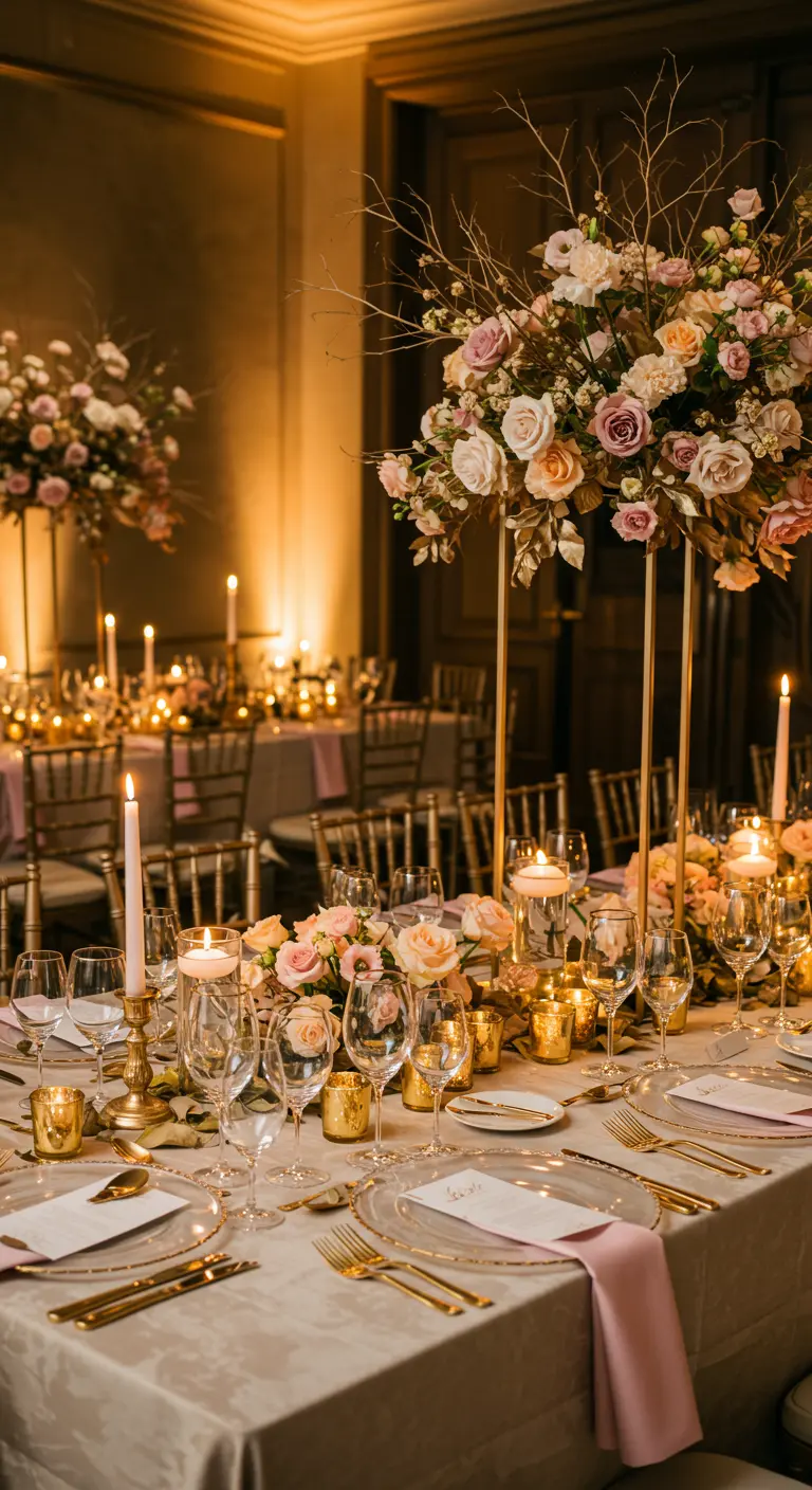 Luxe gedekte dinertafel met hoge gouden standaards met pastelkleurige bloemen en veel kaarslicht.