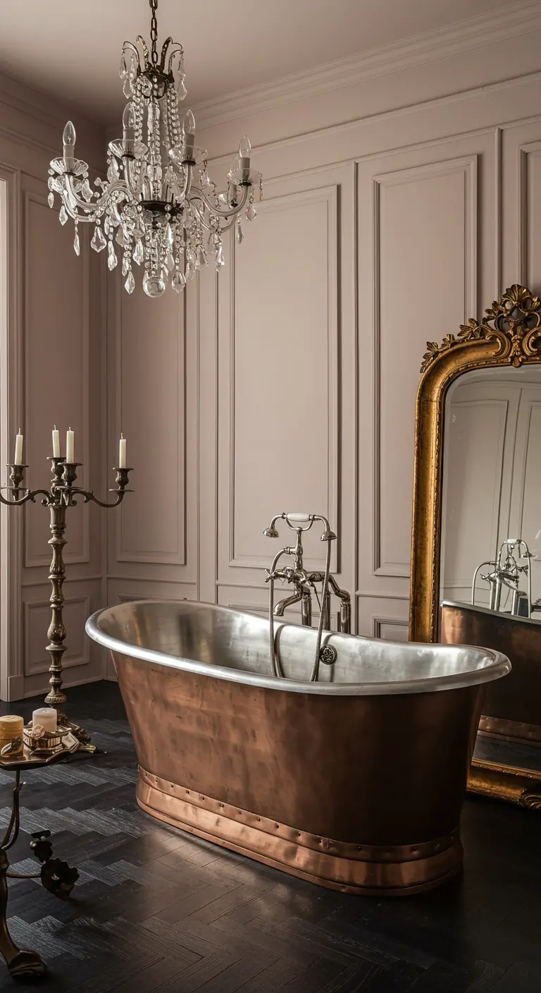 Luxe badkamer met een koperen bad, een grote kroonluchter en een antieke spiegel.