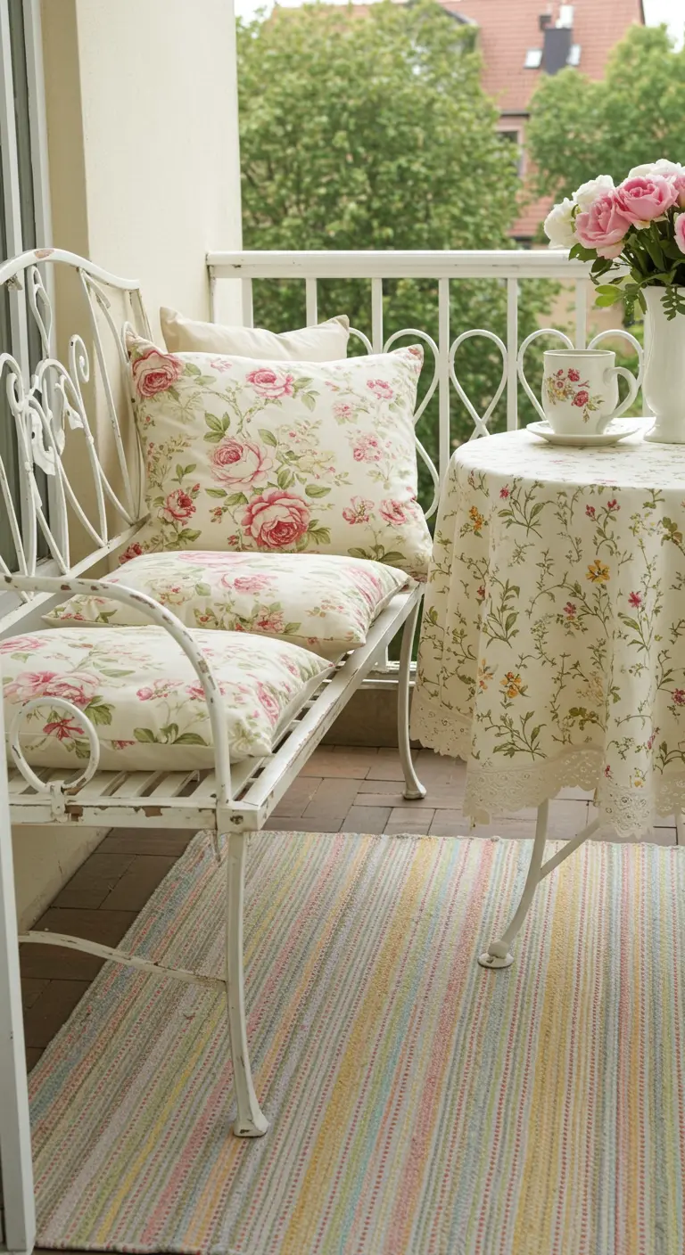 Romantisch balkon met wit smeedijzeren bankje, kussens met rozenprint en pastelkleurig kleed.
