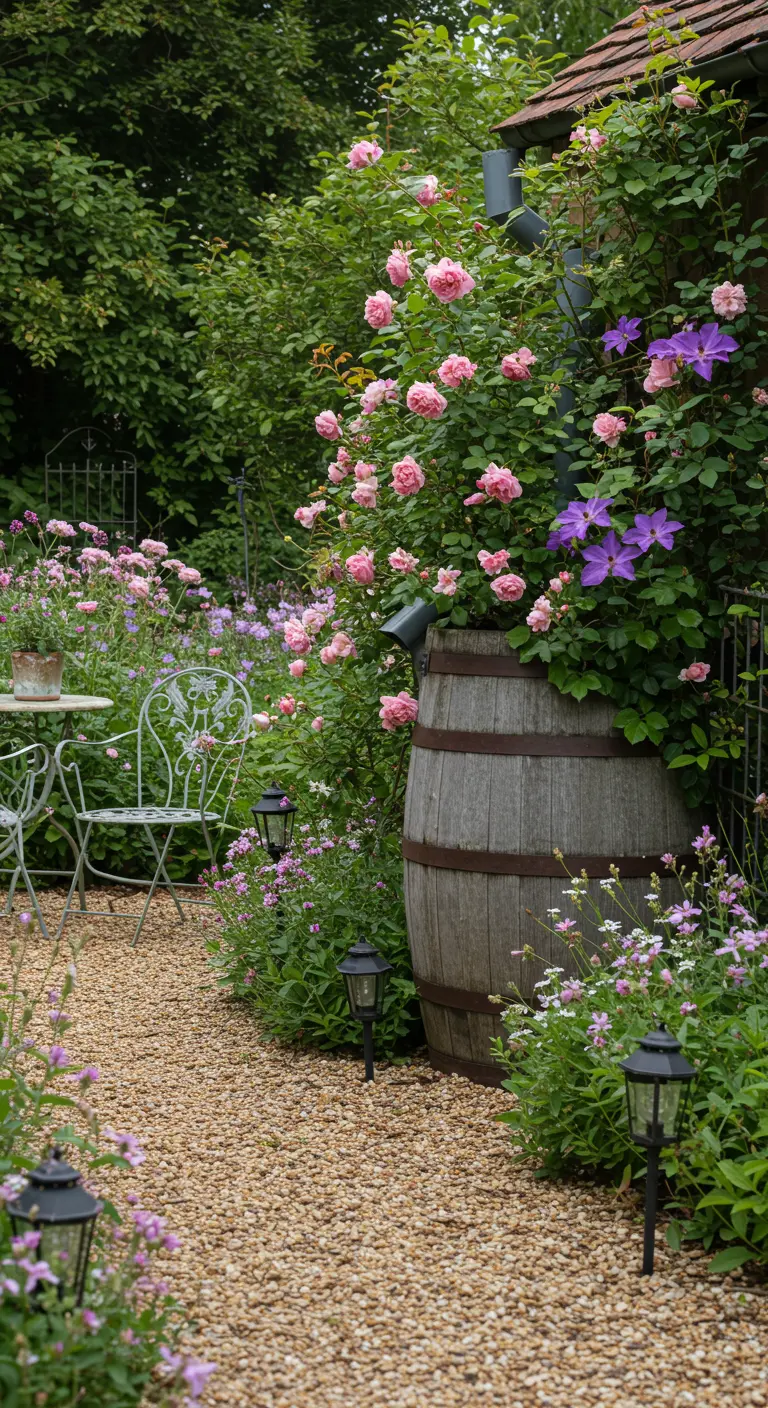 Oude houten regenton omringd door bloeiende rozen en paarse clematis, met vintage tuinstoeltjes en grindpad.