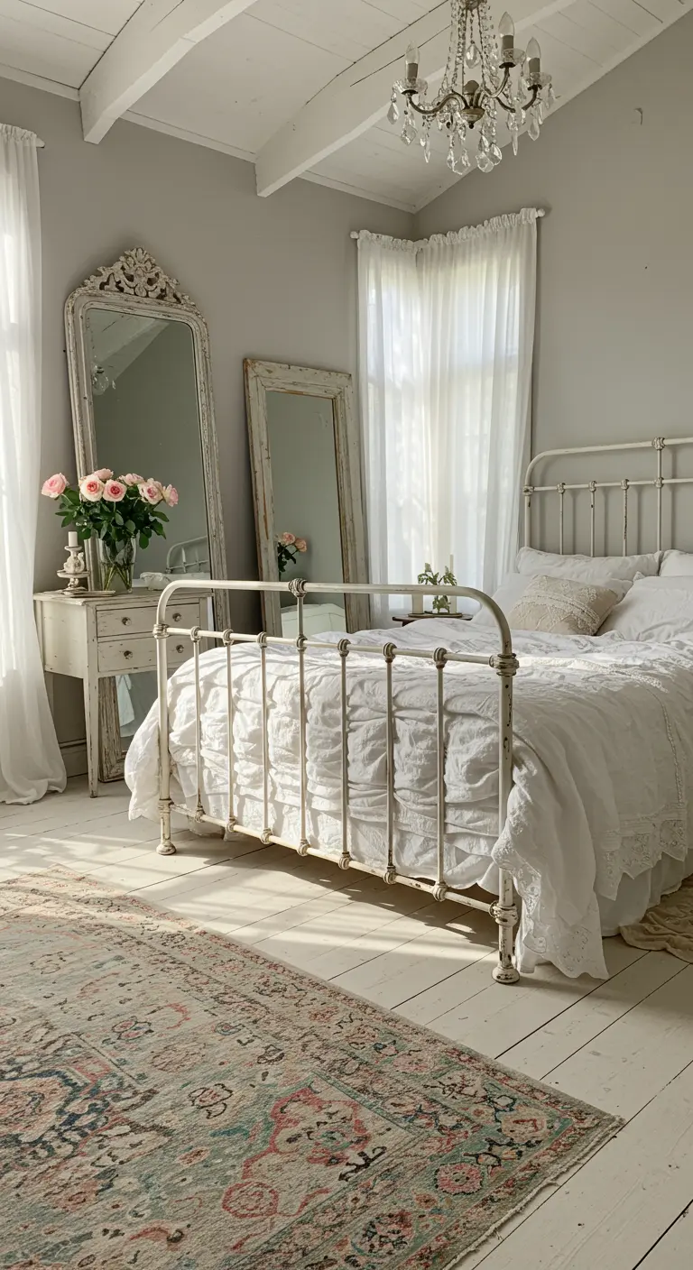 Romantische shabby-chic slaapkamer met spiegelmeubels, wit bed en zachte kleuren.