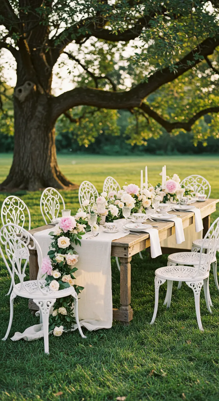 Lange houten tafel met witte stoelen en een bloemenslinger onder een grote boom.